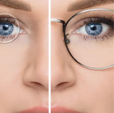 Nő arc szemüveggel és lézeres szemműtét után